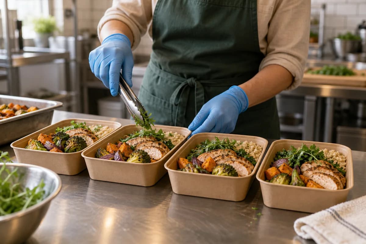 A cook finishing a row of freshly prepared meals in a small kitchen